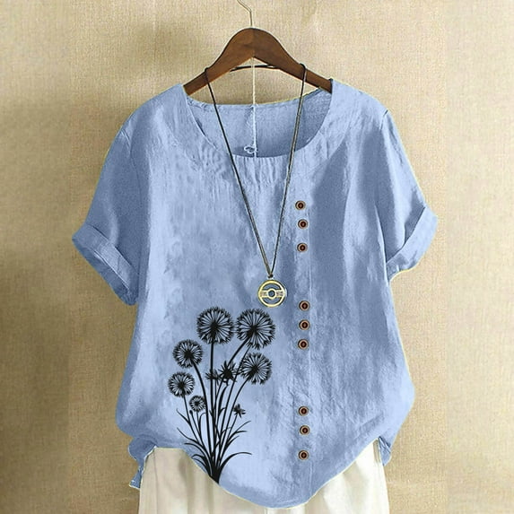 QUNYINEY Casual Tee Shirts Womens Crew Neck Short Sleeve Pullover Dandelion Tops Button Loose Linen Womens Tops
