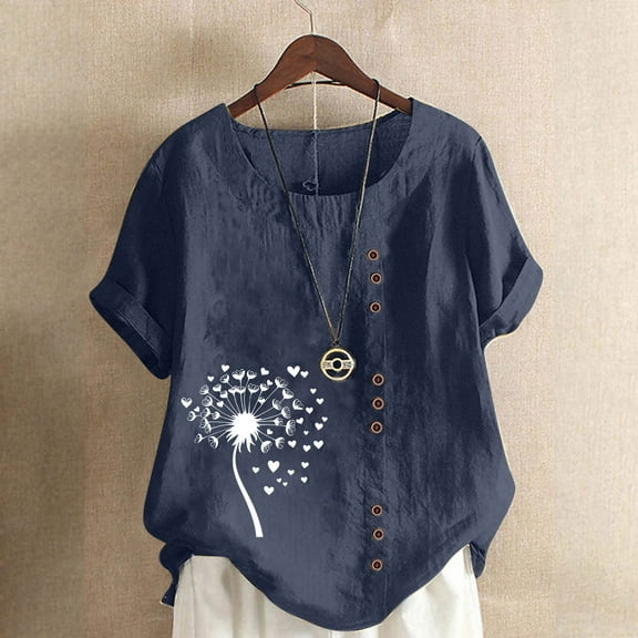 QUNYINEY Casual Tee Shirts Womens Dandelion Pullover Crew Neck Short Sleeve Tops Loose Button Linen Tops for Women Trendy