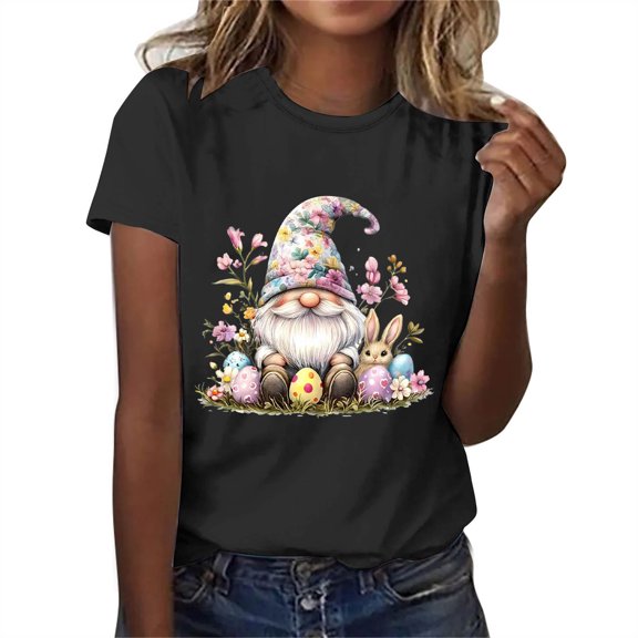 QUNYINEY Casual Tee Shirts Womens Easter Short Sleeve Crew Neck Pullover Tops Loose Womens Tops