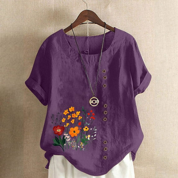 QUNYINEY Casual Tee Shirts Womens Pullover Crew Neck Short Sleeve Floral Tops Button Loose Linen Tops for Women