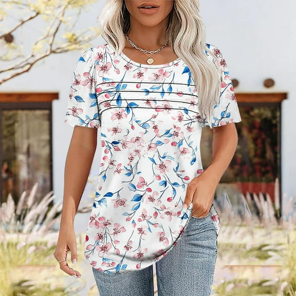 QUNYINEY Casual Tee Shirts Womens Pullover Floral Crew Neck Short Sleeve Tops Pleated Loose Womens Tops