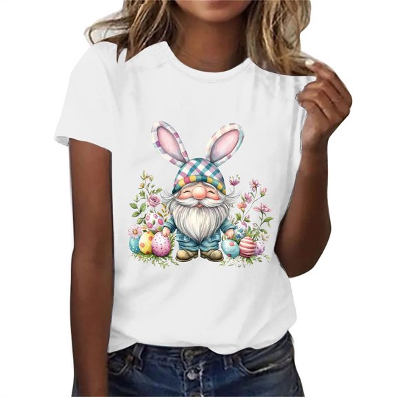 QUNYINEY Casual Tee Shirts Womens Short Sleeve Easter Pullover Crew Neck Tops Loose Women's Tops