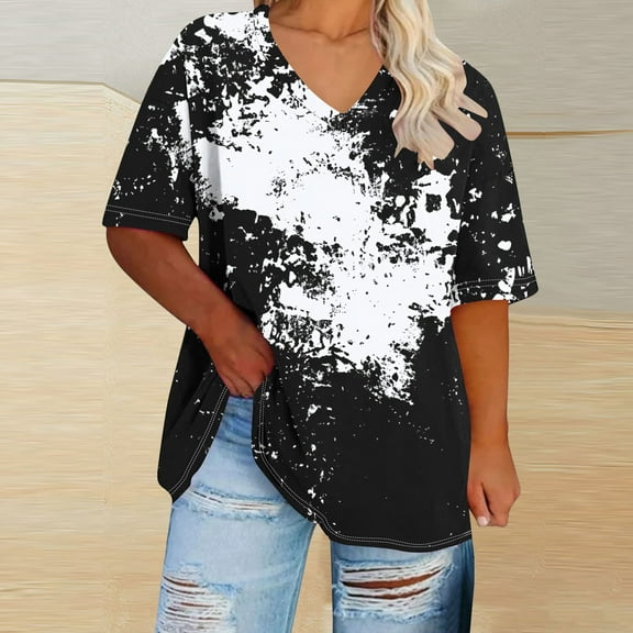 QUNYINEY Casual Tee Shirts Womens Short Sleeve Graphic V Neck Pullover Tops Plus Size Loose Women Tops