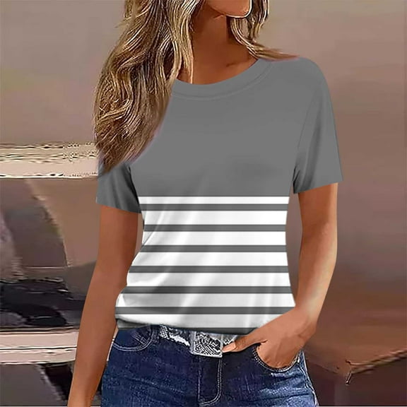 QUNYINEY Casual Tee Shirts Womens Short Sleeve Striped Crew Neck Tops Loose Women Tops