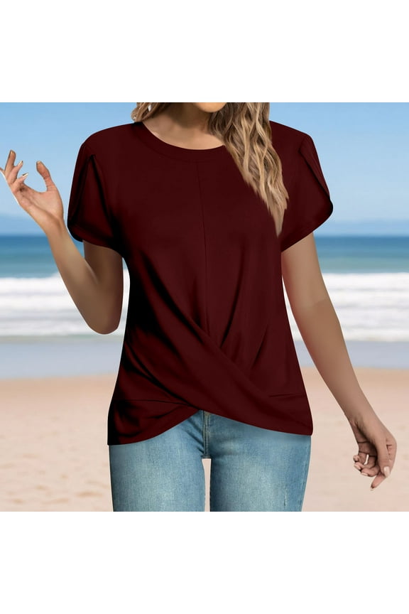 Casual Tee Shirts Womens Solid Crew Neck Short Sleeve Tops Loose Twist Knot Pullover Shirts