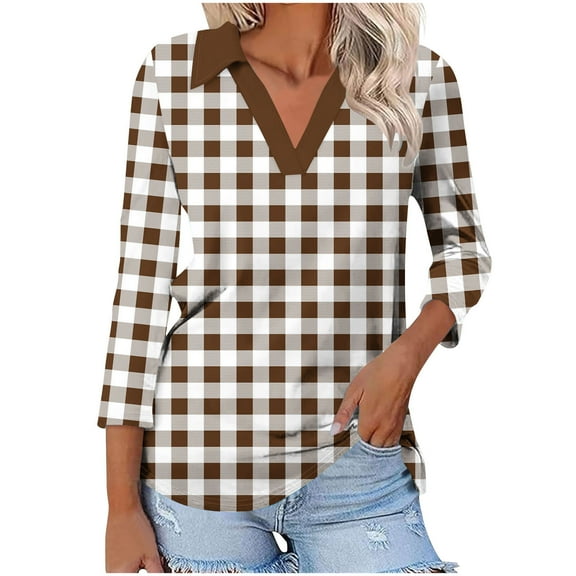 QUNYINEY Casual Tee Shirts Womens V Neck Plaid 3/4 Sleeve Blouse Pullover Loose Tunic Shirts Womens Tops