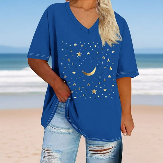 QUNYINEY Casual Tee Shirts Womens V Neck Short Sleeve Star Tunic Tops Summer Loose Plus Size Pullover Tops for Women