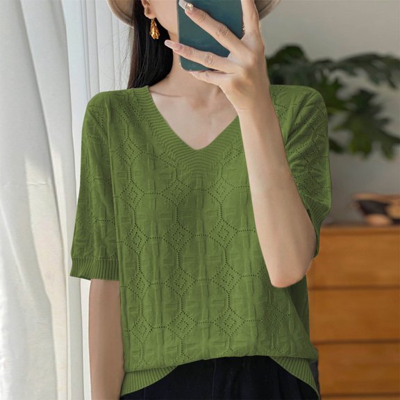 QUNYINEY Casual Tops for Women Jacquard Pullover Short Sleeve V Neck Shirts Loose Knit Summer Shirts for Women