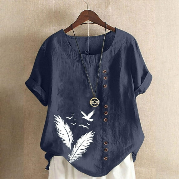 QUNYINEY Casual Tops for Women Trendy Crew Neck Short Sleeve Feather Shirts Loose Button Pullover Linen Tops