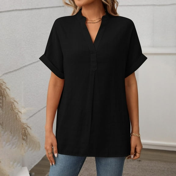 QUNYINEY Casual Tops for Women Trendy Short Sleeve Solid V Neck Shirts Hem Slit Pullover Loose Tops