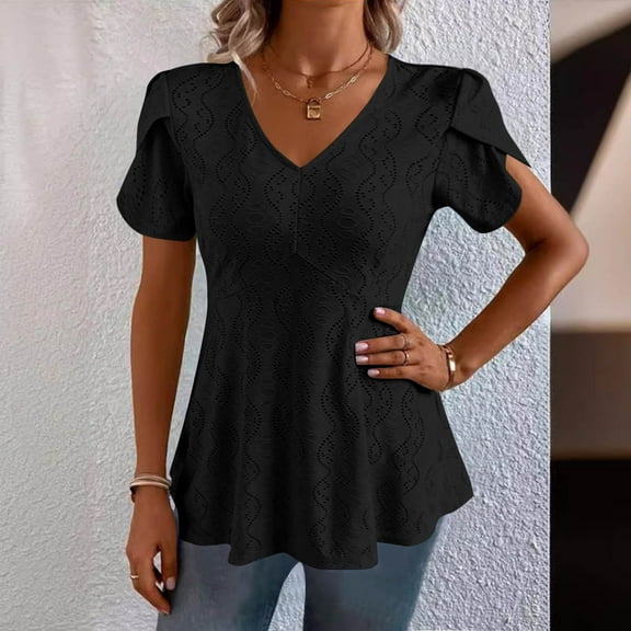 QUNYINEY Casual Tops for Women V Neck Short Sleeve Solid Shirts Loose Peplum Cut Out Tops