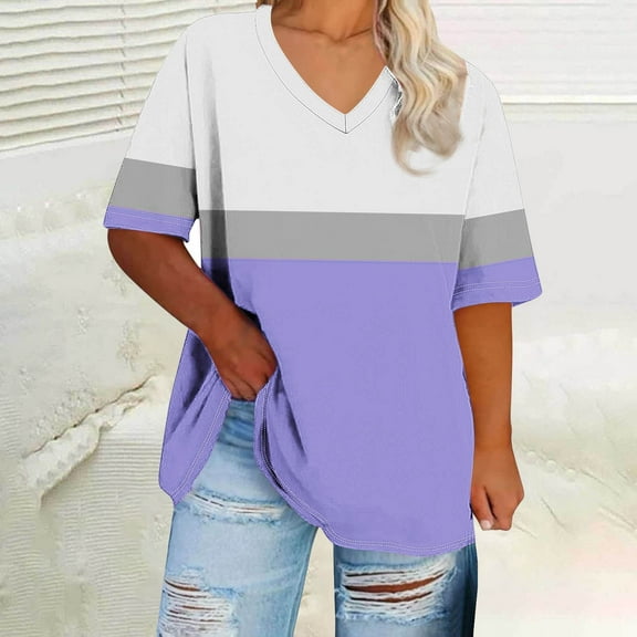 QUNYINEY Casual Tshirts Shirts for Women Colorblock V Neck Short Sleeve Tops Loose Plus Size Summer Pullover Womens Tops