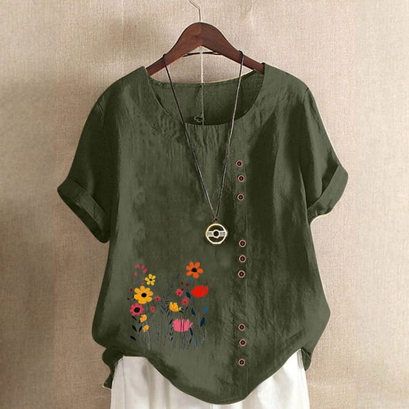 QUNYINEY Casual Tshirts Shirts for Women Crew Neck Short Sleeve Floral Tops Cotton Linen Button Loose Pullover Women's Tops