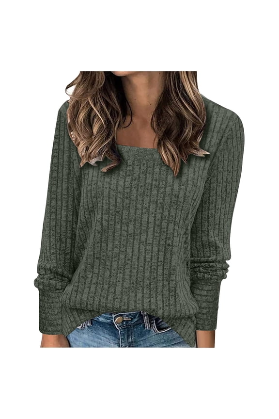 Casual Tshirts Shirts for Women Long Sleeve Green Solid Square Neck Tops Loose Ribbed Pullover Drop Shoulder Split Hem T-Shirts