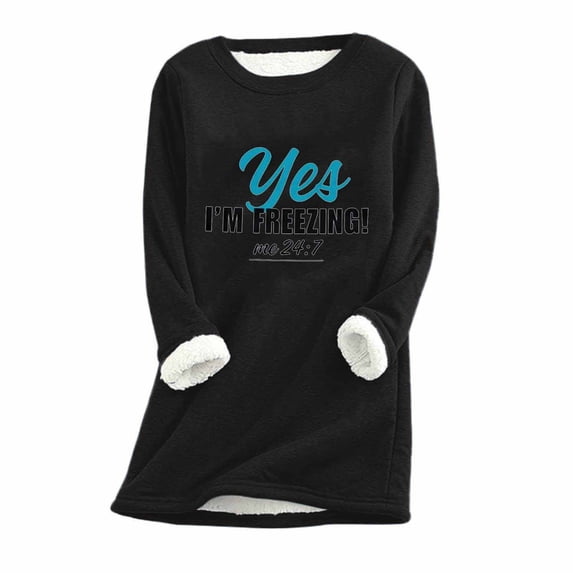 QUNYINEY Casual Tshirts Shirts for Women Quotes Crew Neck Long Sleeve Black Tops Pullover Drop Shoulder Warm Loose Fleece T-Shirts