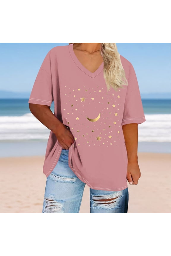 Casual Tshirts Shirts for Women Short Sleeve V Neck Star Tunic Tops Pullover Summer Plus Size Loose Women Tops