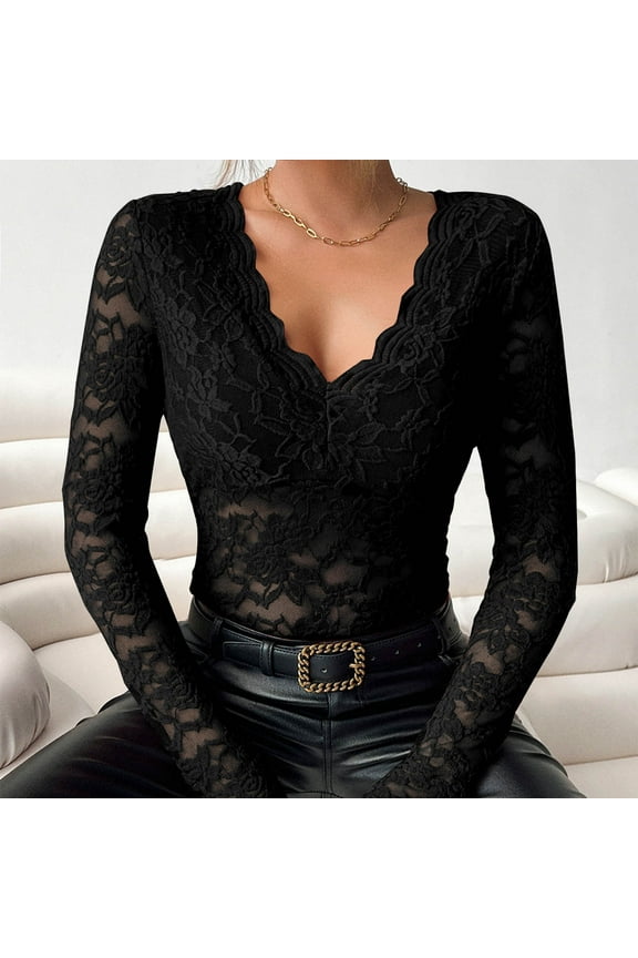 Casual Tshirts Shirts for Women Solid Black Long Sleeve V-Neck Blouse Lace Pullover Loose Drop Shoulder T-Shirts Women Tops