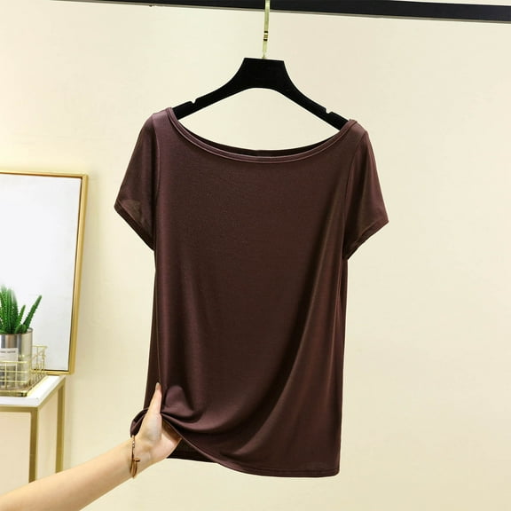 QUNYINEY Casual Tshirts Shirts for Women Solid Short Sleeve Crew Neck Tops Pullover Split Hem Loose Shirts