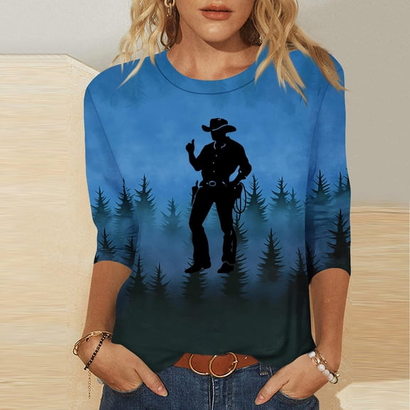 QUNYINEY Casual Tshirts Shirts for Women Western Cowboys Blue 3/4 Sleeve Crew Neck Tops Drop Shoulder Pullover Loose T-Shirts Tops for Women