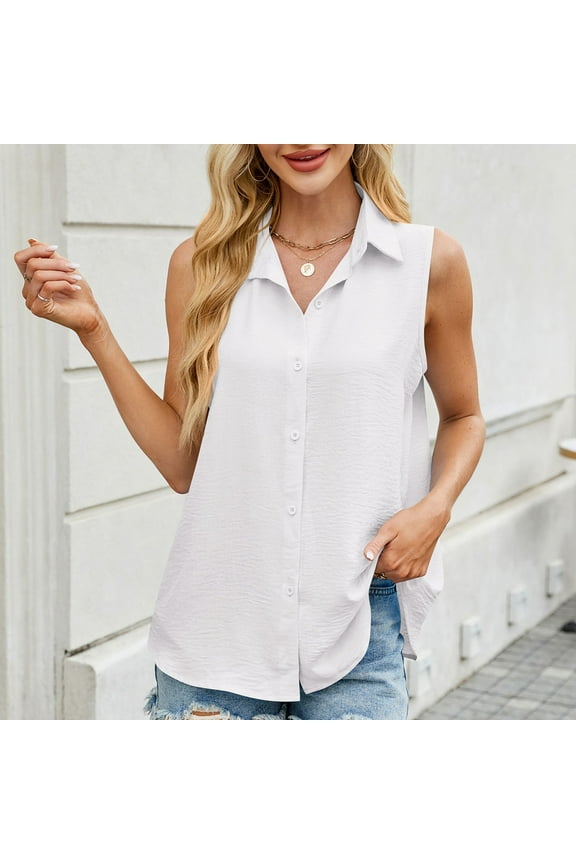 Casual Women Button Down Shirt Collared Solid Sleeveless Tank Tops Loose Shirts