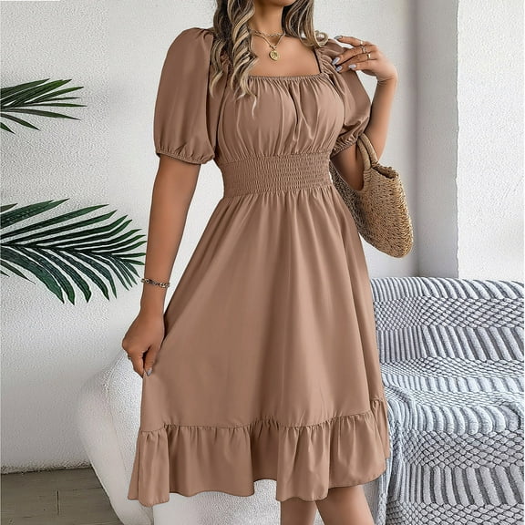 QUNYINEY Casual Women Dresses Puff Short Sleeve Solid A-Line Dress Square Neck Flowy Empire Waist Midi Ruffle Dresses