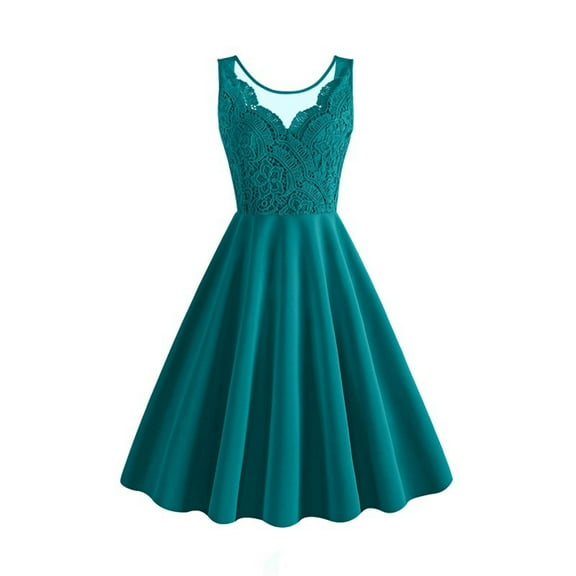 QUNYINEY Casual Women Dresses Sleeveless Solid A-Line Dress Lace Crew Neck Flowy Midi Sundress