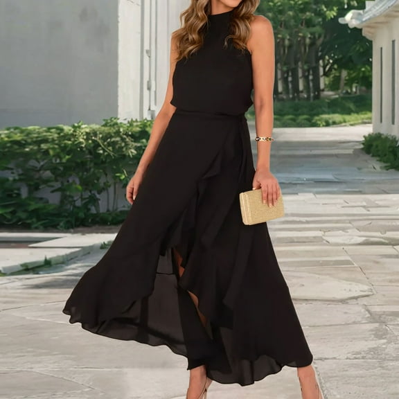 QUNYINEY Casual Women Dresses Solid Sleeveless A-Line Dress Ruffle Mock Neck Flowy Maxi Sundress