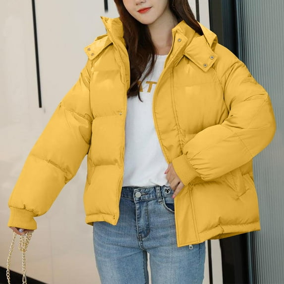 QUNYINEY Casual Women Jacket Yellow Zip Up Solid Puffer Mid Weight Jacket Short Loose Button with Pocket Long Sleeve Hooded Jacket