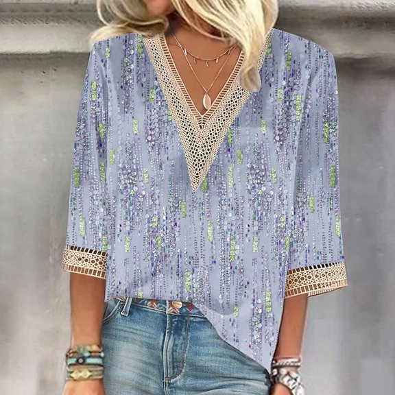 QUNYINEY Casual Women Shirts 3/4 Sleeve Floral Blue V-Neck Tops Pullover Drop Shoulder Loose Lace T-Shirts