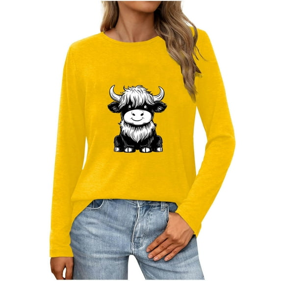 QUNYINEY Casual Women Shirts Crew Neck Long Sleeve Cow Print Yellow Tops Pullover Drop Shoulder Loose T-Shirts Womens Tops Trendy