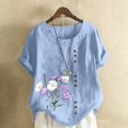 thumbnail image 1 of QUNYINEY Casual Women Shirts Floral Short Sleeve Crew Neck Pullover Tops Button Linen Loose Summer Tops for Women, 1 of 4
