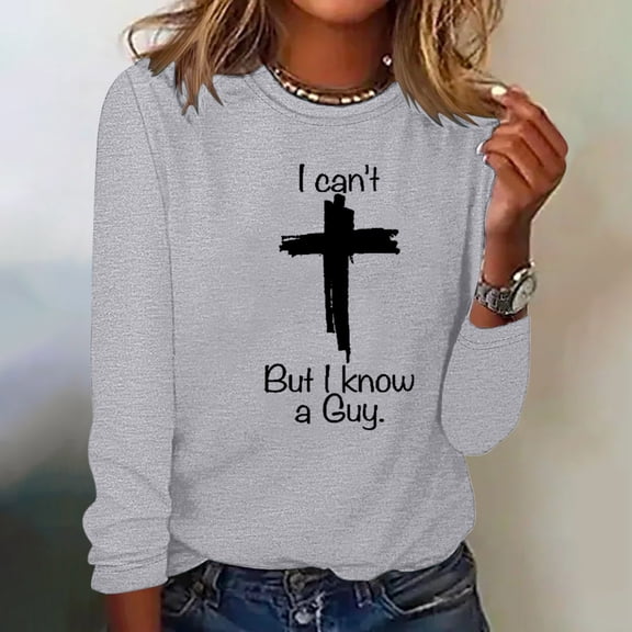 QUNYINEY Casual Women Shirts Gray Jesus Cross Crew Neck Long Sleeve Tops Pullover Loose Drop Shoulder T-Shirts