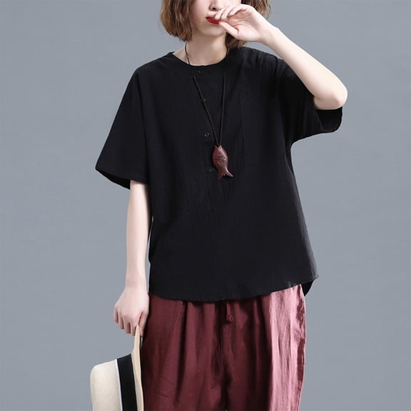 QUNYINEY Casual Women Shirts Henley Pullover Linen Short Sleeve Tops Button with Pocket Loose Womens Tops