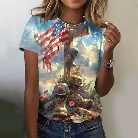 QUNYINEY Casual Women Shirts Independence Day Short Sleeve Crew Neck Tops Summer Loose Pullover Tops for Women