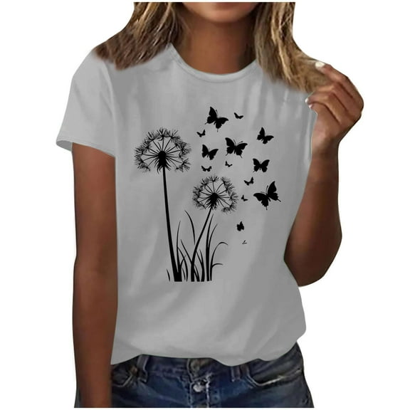 QUNYINEY Casual Women Shirts Short Sleeve Crew Neck Dandelion Tops Pullover Going Out Loose Shirts