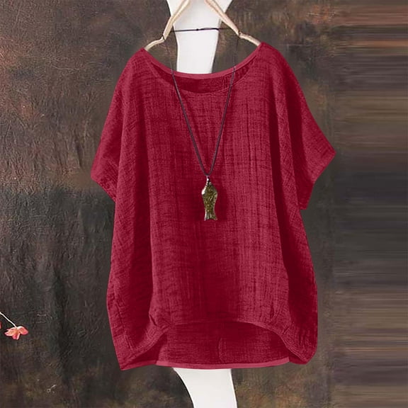 QUNYINEY Casual Women Shirts Short Sleeve Crew Neck Solid Tops Loose Breathable Cotton Linen Pullover Shirts