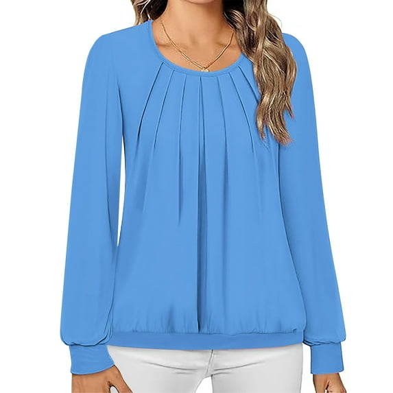 QUNYINEY Casual Women Shirts Solid Blue Long Sleeve Crew Neck Tops Drop Shoulder Loose Pleated Pullover T-Shirts