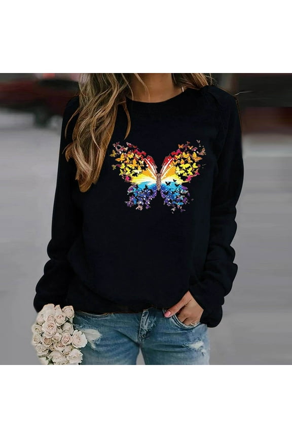 Casual Women Sweatshirt Butterfly Long Sleeve Black Crew Neck Tops Drop Shoulder Loose Pullover Sweatshirts