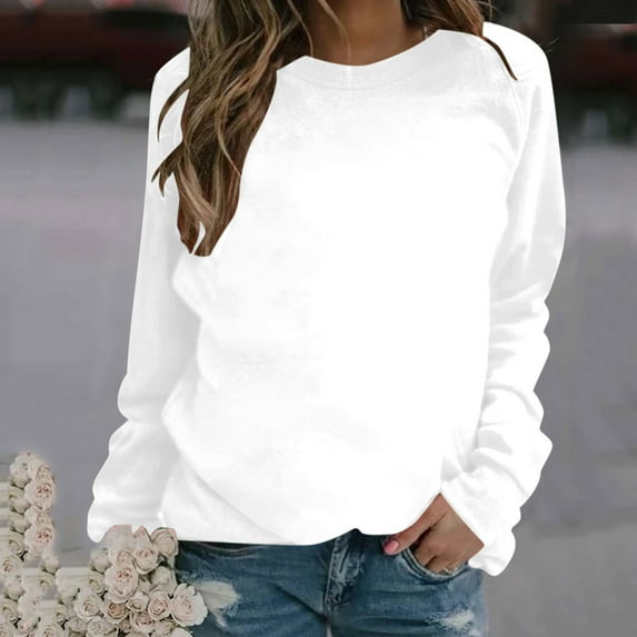 QUNYINEY Casual Women Sweatshirt Solid White Crew Neck Long Sleeve Tops Drop Shoulder Loose Pullover Sweatshirts
