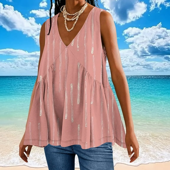 QUNYINEY Casual Women Tank Tops V Neck Camisole Sleeveless Striped Tops Loose Pleated Summer Tank Tops