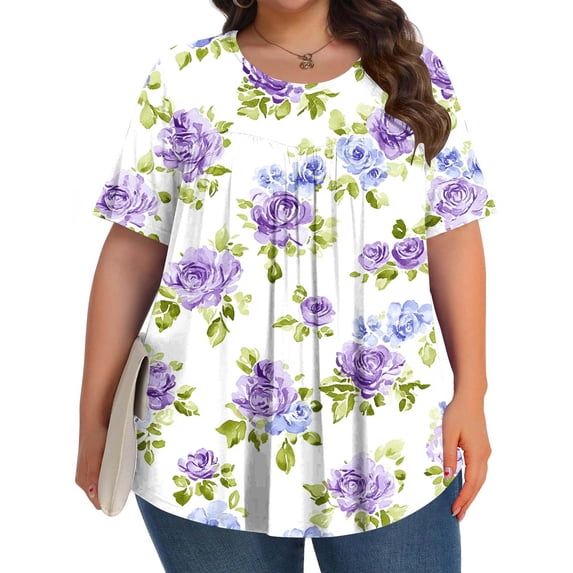 QUNYINEY Casual Women Tops Crew Neck Floral Short Sleeve Blouses Plus Size Loose Pleated Pullover Tops