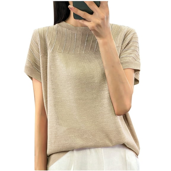 QUNYINEY Casual Women Tops Solid Crew Neck Short Sleeve Pullover Shirts Loose Ribbed Knit Summer Shirts for Women