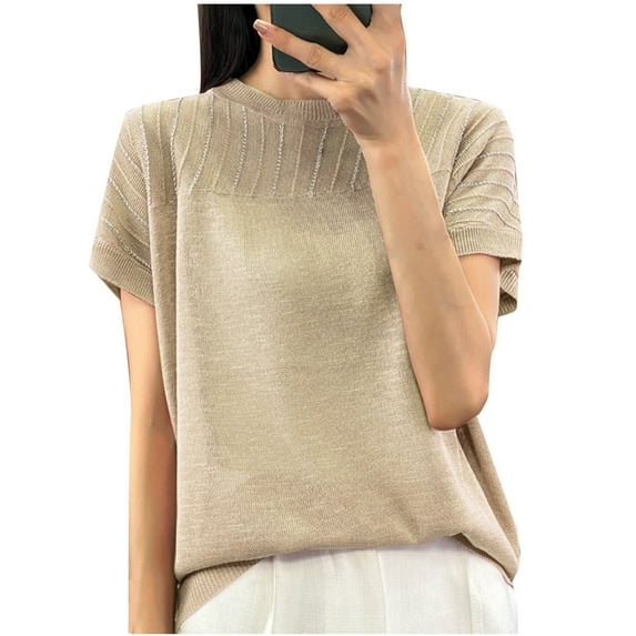 QUNYINEY Casual Women Tops Solid Crew Neck Short Sleeve Pullover Shirts Loose Ribbed Knit Summer Shirts for Women