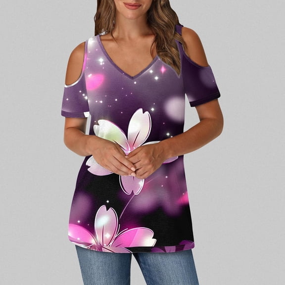QUNYINEY Casual Women Tops V Neck Pullover Floral Cold Shoulder Shirts Loose Short Sleeve Shirts for Women Trendy