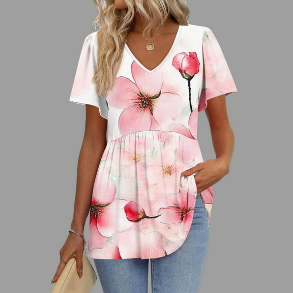 QUNYINEY Casual Women Tops V Neck Short Sleeve Floral Shirts Peplum Loose Tops