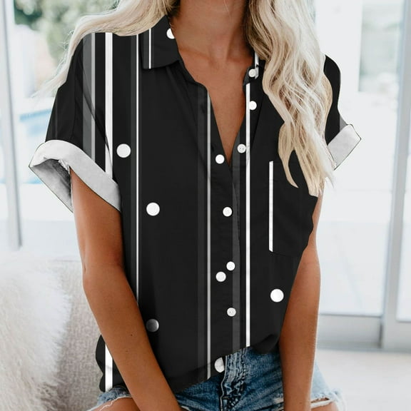 QUNYINEY Casual Women's Button Down Shirts Polka Dot Collared Short Sleeve Tops Loose with Pocket Shirts