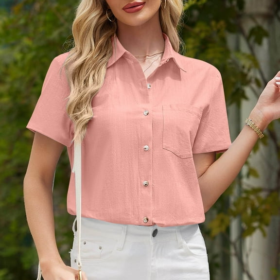 QUNYINEY Casual Women's Button Down Shirts Solid Collared Short Sleeve Tops Business Loose with Pocket Shirts