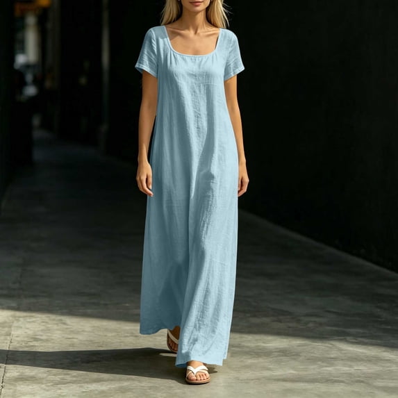 QUNYINEY Casual Women's Dresses Short Sleeve Blue Summer Long A Line Dress Square Neck Vacation Loose Fit Flowy Dresses