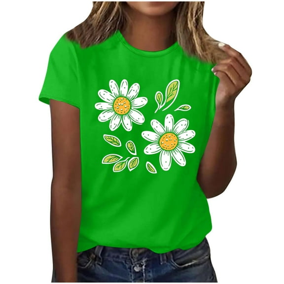 QUNYINEY Casual Women's Shirts Floral Crew Neck Short Sleeve Tops Pullover Going Out Loose Shirts