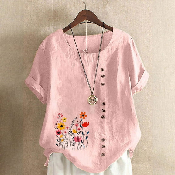QUNYINEY Casual Women's Shirts Short Sleeve Floral Crew Neck Tops Cotton Linen Loose Button Pullover Womens Tops